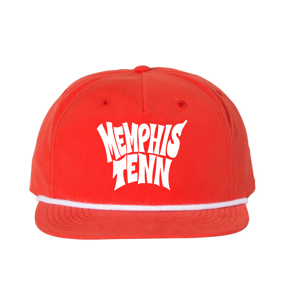 The Memphis Tenn 2.0 Hat from Choose901 Merch Shop is a red snapback with bold, distorted white "MEMPHIS TENN" embroidery on the front, offering a classic look and adjustable comfort.