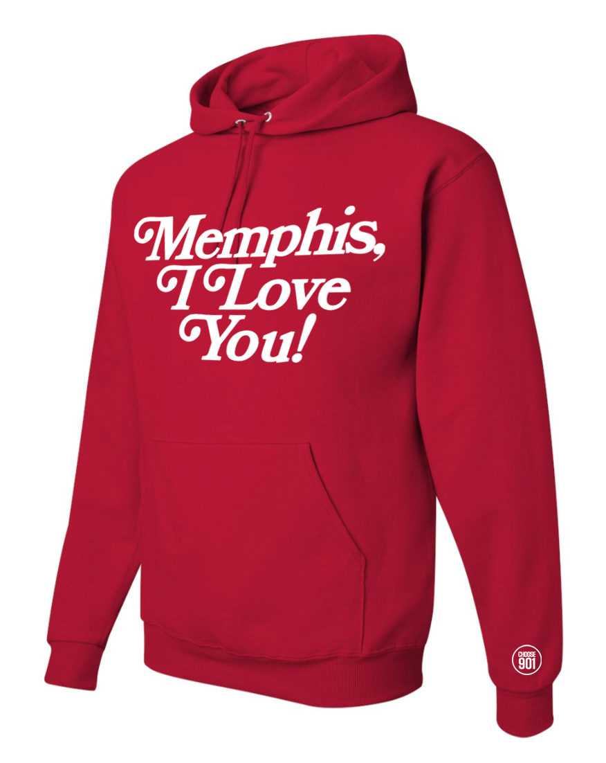 The Memphis I Love You Hoodie - Valentine's Edition from Choose901 Merch Shop is a cozy, comfortable red hoodie with "Memphis, I Love You!" in white text and a small "901" emblem on the bottom right sleeve, perfect for expressing your love for Memphis.