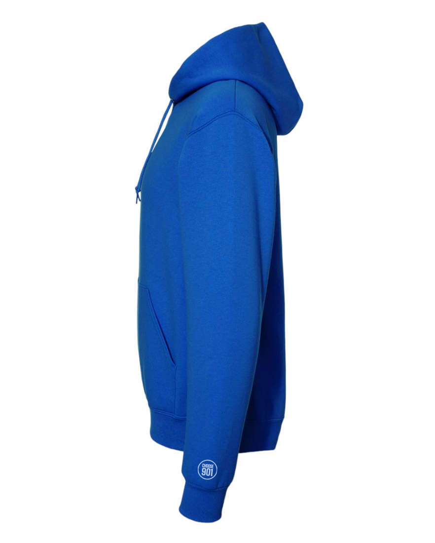 Side view of the limited edition Memphis I Love You Royal Blue hoodie from Choose901 Merch Shop, featuring a unisex fit with a front pocket, white drawstrings, and a small circular logo on the lower sleeve. This piece seamlessly combines style and comfort.