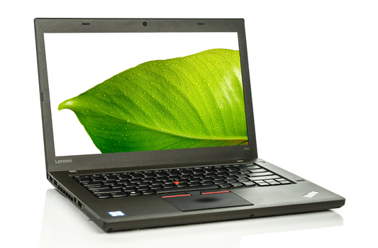 A Lenovo T460 laptop displaying a vivid image of a green leaf with water droplets on its screen, featuring a Choose901 Merch Shop wallpaper that showcases the spirit of Memphis.