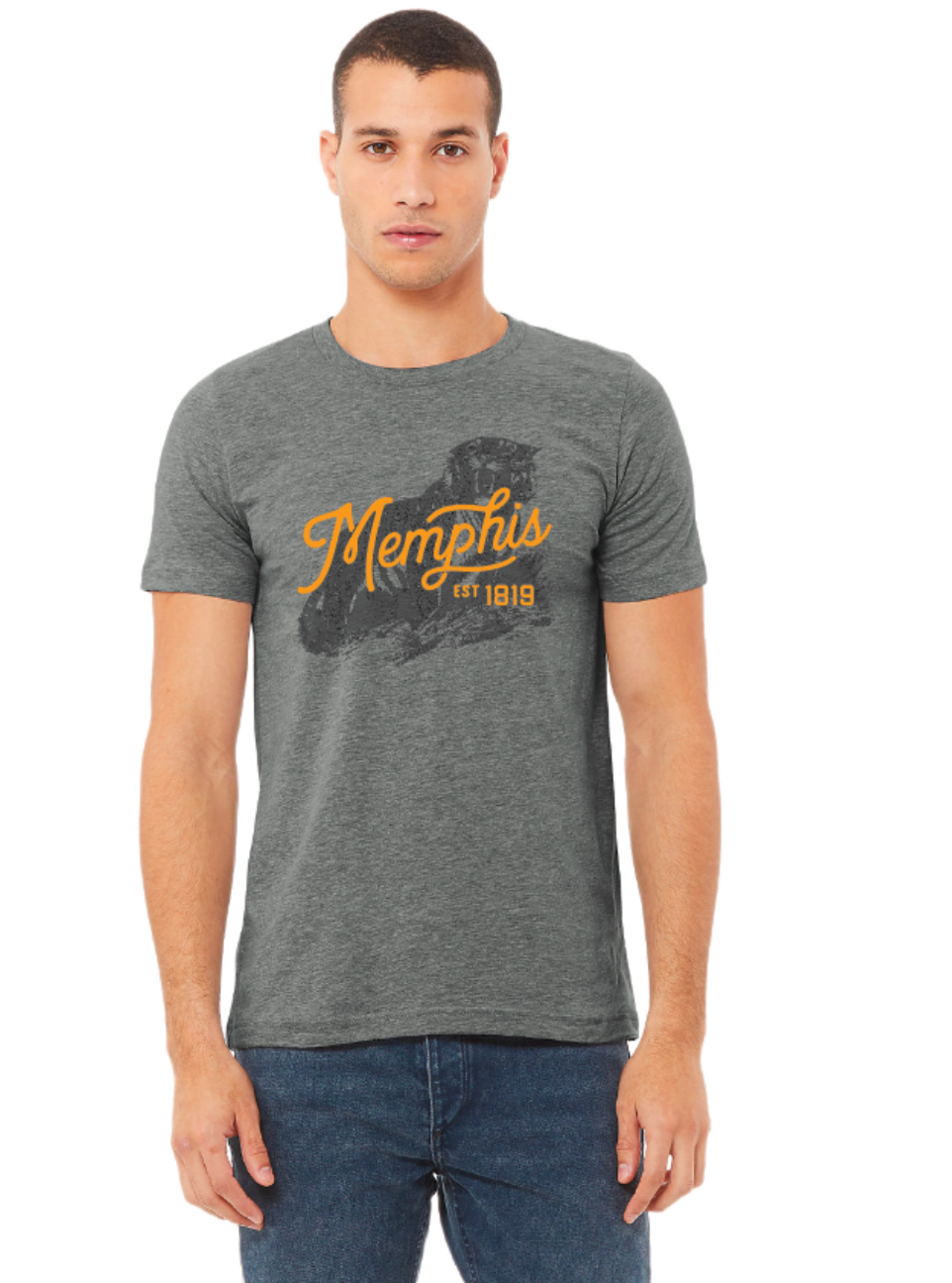 A man wearing a gray Rock N Roll Tiger Short Sleeve Tee by Choose901 Merch Shop, featuring "Memphis Est 1819" printed in orange, stands against a plain background, embodying the spirit of the Memphis team.