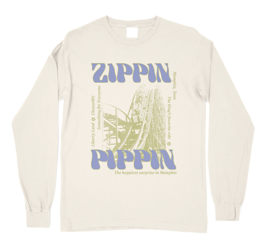 Long-sleeve t-shirt with graphic print featuring rollercoaster design and the text "Zippin Pippin on Ivory Long Sleeve - the happiest surprise in Memphis, Choose901 Merch Shop.