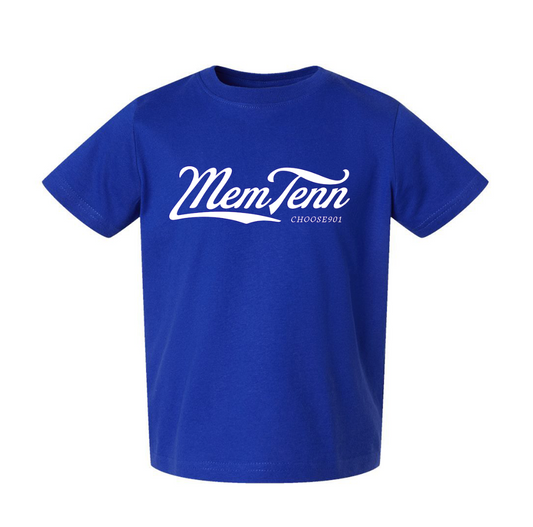 Toddler/Baby Memphis Tenn Cursive on Blue t-shirt featuring a "proud to be from the Choose901" logo in white script.