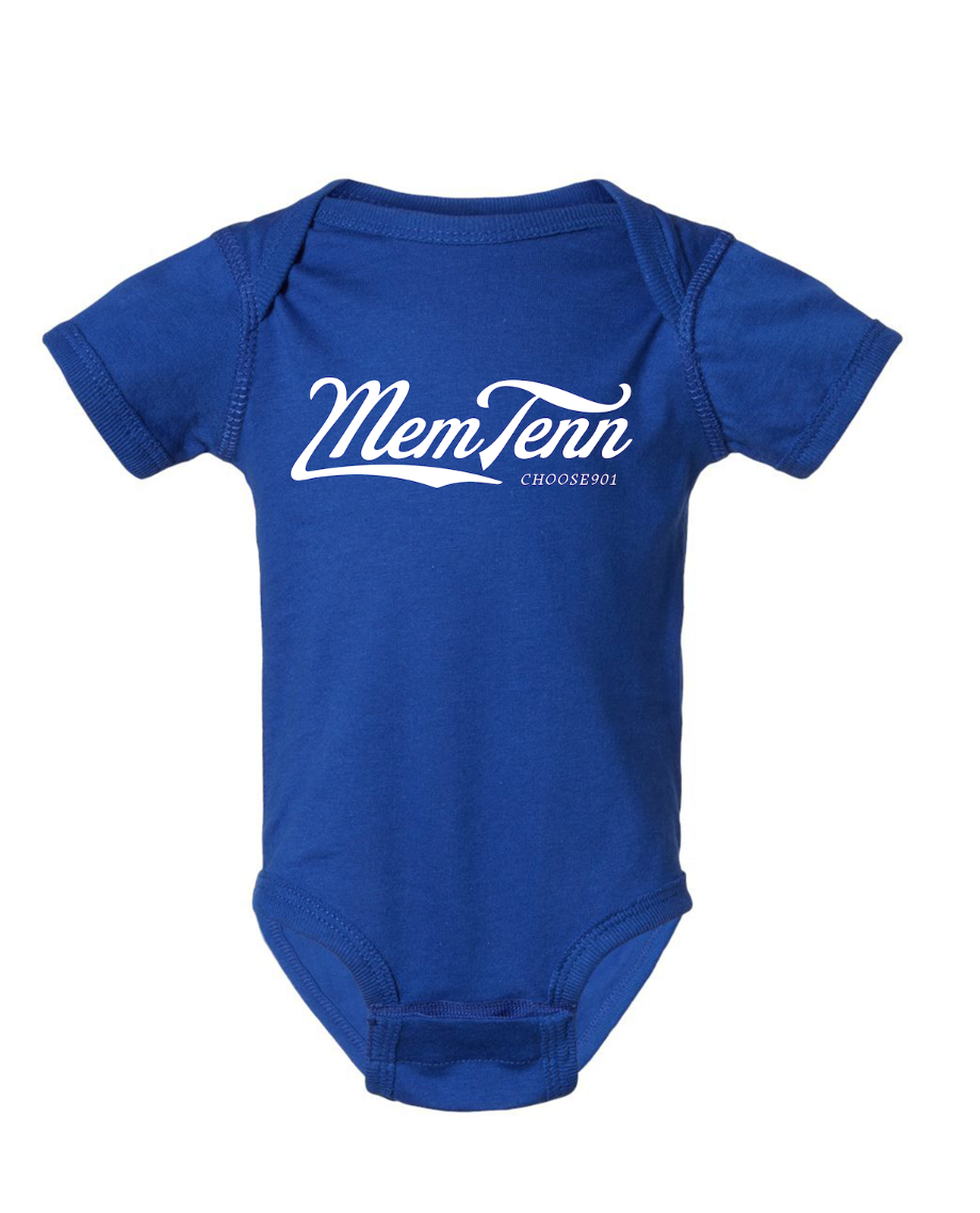 A blue daycare shirt with the Toddler/Baby Memphis Tenn Cursive on Blue design from the Choose901 Merch Shop, displayed on a plain background.