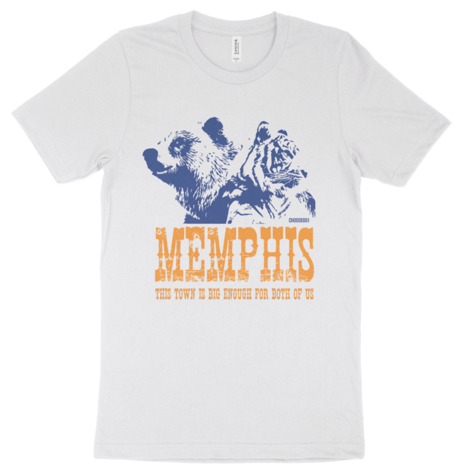 The "The Both of Us" Tee from Choose901 Merch Shop is a striking shirt that showcases a white T-shirt adorned with a blue bear and tiger graphic, the word "MEMPHIS" in bold orange lettering, and the phrase "This town is big enough for both of us." It's an ideal choice for fans of Memphis teams who want to make a statement.