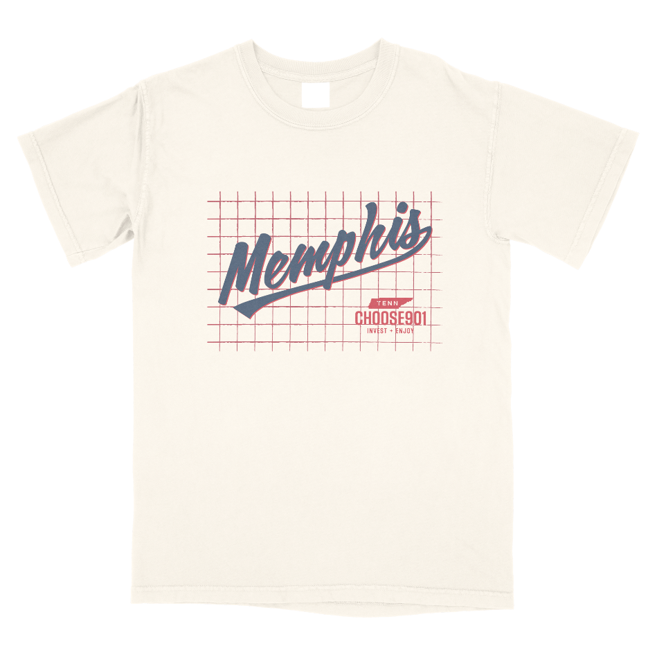 The Choose901 Baseball Grid Tee from the Choose901 Merch Shop is a beige Comfort Colors t-shirt that showcases "Memphis" in blue script on a red grid, embodying a retro baseball feel. It also includes the words "TENNE" and "CHOOSE901" in bold red, combining style with nostalgia.