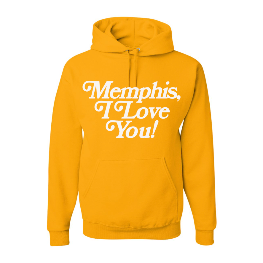 The Memphis I Love You Hoodie by Choose901 Merch Shop is a yellow fleece hoodie with a front pocket, featuring the bold white text "Memphis, I Love You!" across the chest for ultimate comfort.