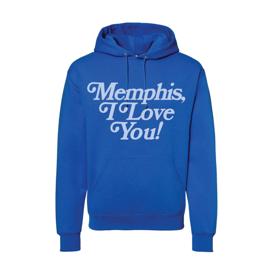 The limited edition Memphis I Love You Hoodie from Choose901 Merch Shop boasts a blue design with bold white "Memphis, I Love You!" lettering on cozy fleece fabric, perfect for showing city pride while staying warm.