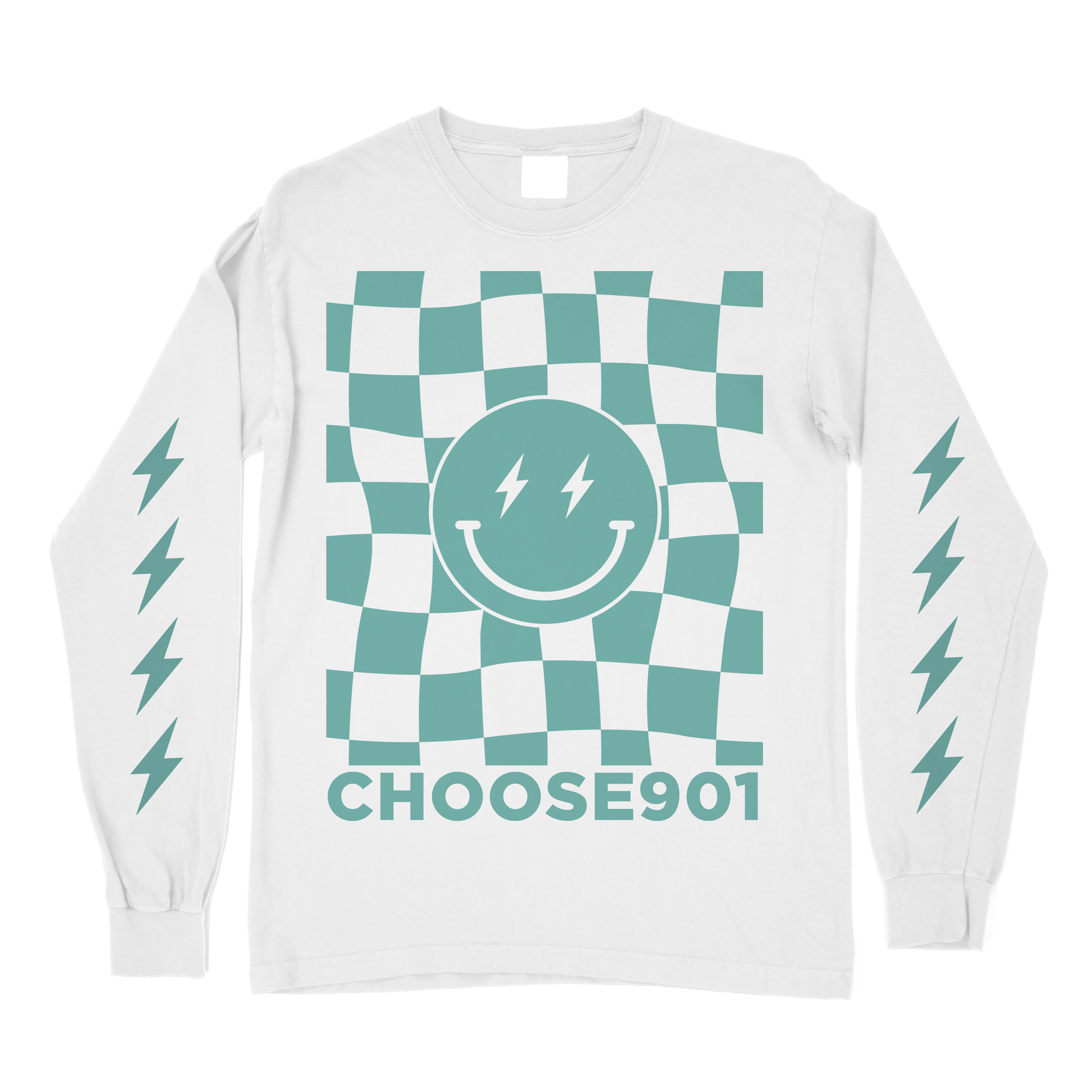 A Choose901 Lightning Smiley Long Sleeve on White shirt with a blue and white checkered pattern.