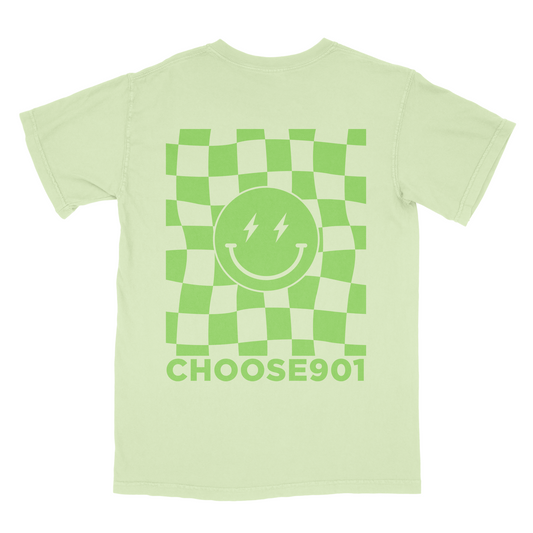 Light green Choose901 Lightning Smiley on Celadon t-shirt from the Choose901 Merch Shop with a graphic of a yellow smiling face inside a sun design and the words "choose901" on the back.