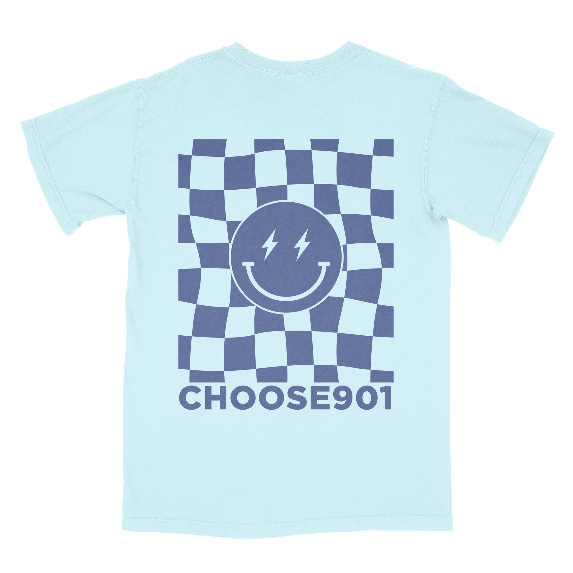 Light blue printed shirt with a black and white checkered circle logo featuring a smiling face and lightning bolts, and text "Choose901 Lightning Smiley on Chambray" below.