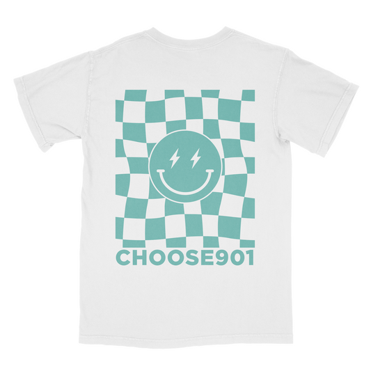 White Choose901 Lightning Smiley on White t-shirt from Choose901 Merch Shop with a teal and black checkered design and a central circle featuring a smiling face and lightning bolt, accompanied by the text "choose901".