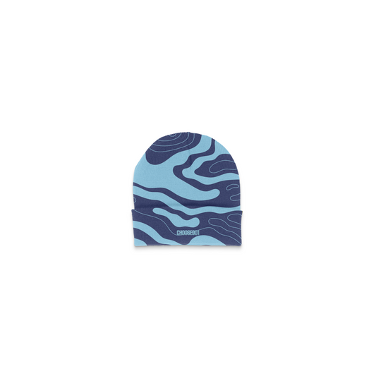 Blue Something's in the Water Tech Beanie swim cap with wave pattern design featuring the Memphis Choose901 logo on a white background from Choose901 Merch Shop.