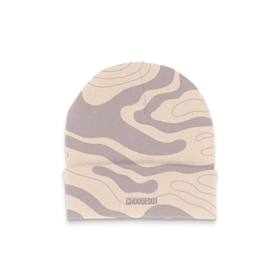 The Something's in the Water Tech Beanie from Choose901 Merch Shop showcases a wavy beige and gray camouflage pattern against a white backdrop.