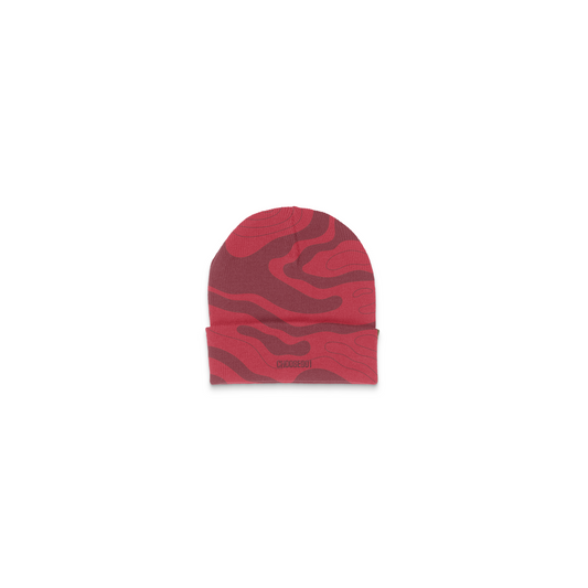 Red and pink patterned beanie hat displayed against a white background, featuring Something's in the Water Tech Beanie on Red and Choose901 designs.