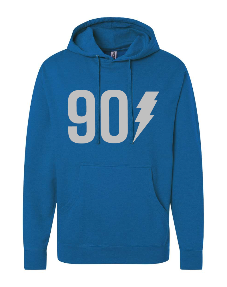 901 Bolt Hoodie by Choose901 Merch Shop, featuring the "90" and lightning bolt design on the front in blue.