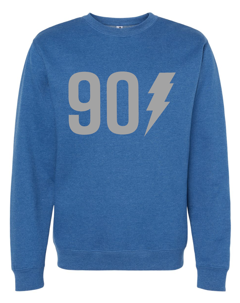 901 Bolt Crewneck by Choose901 Merch Shop, featuring a "90" and a lightning bolt symbol in gray on the front.