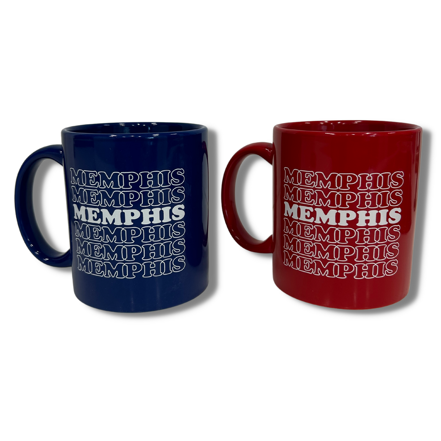 Two Choose901 mugs with "Choose901" text pattern, one blue and one red from Choose901 Merch Shop.