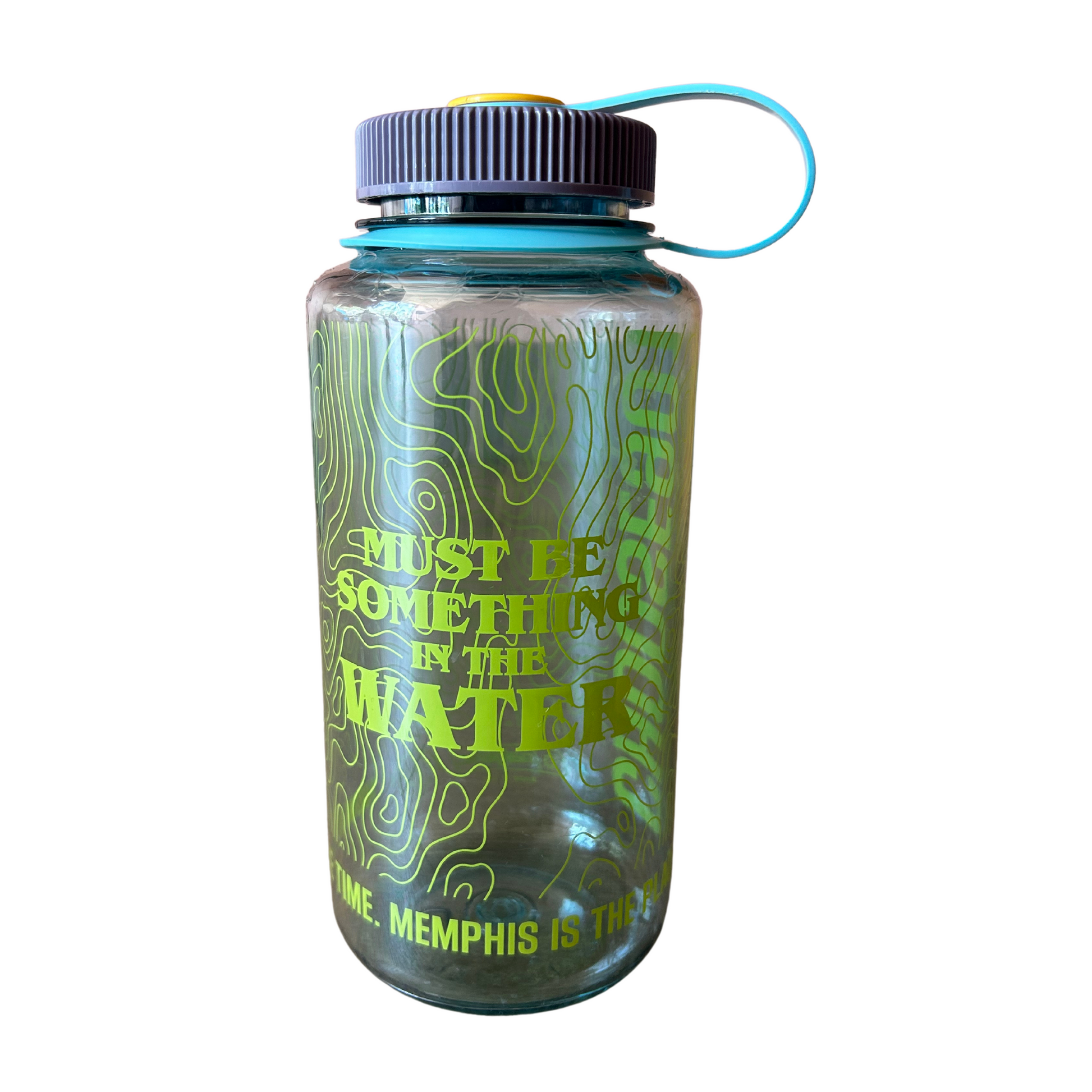 A water bottle with a green design and the phrase "must be something in the water" printed on it, featuring Choose901 and Memphis-inspired details, featuring Something’s in the Water Nalgene (Purple) from Choose901 Merch Shop.