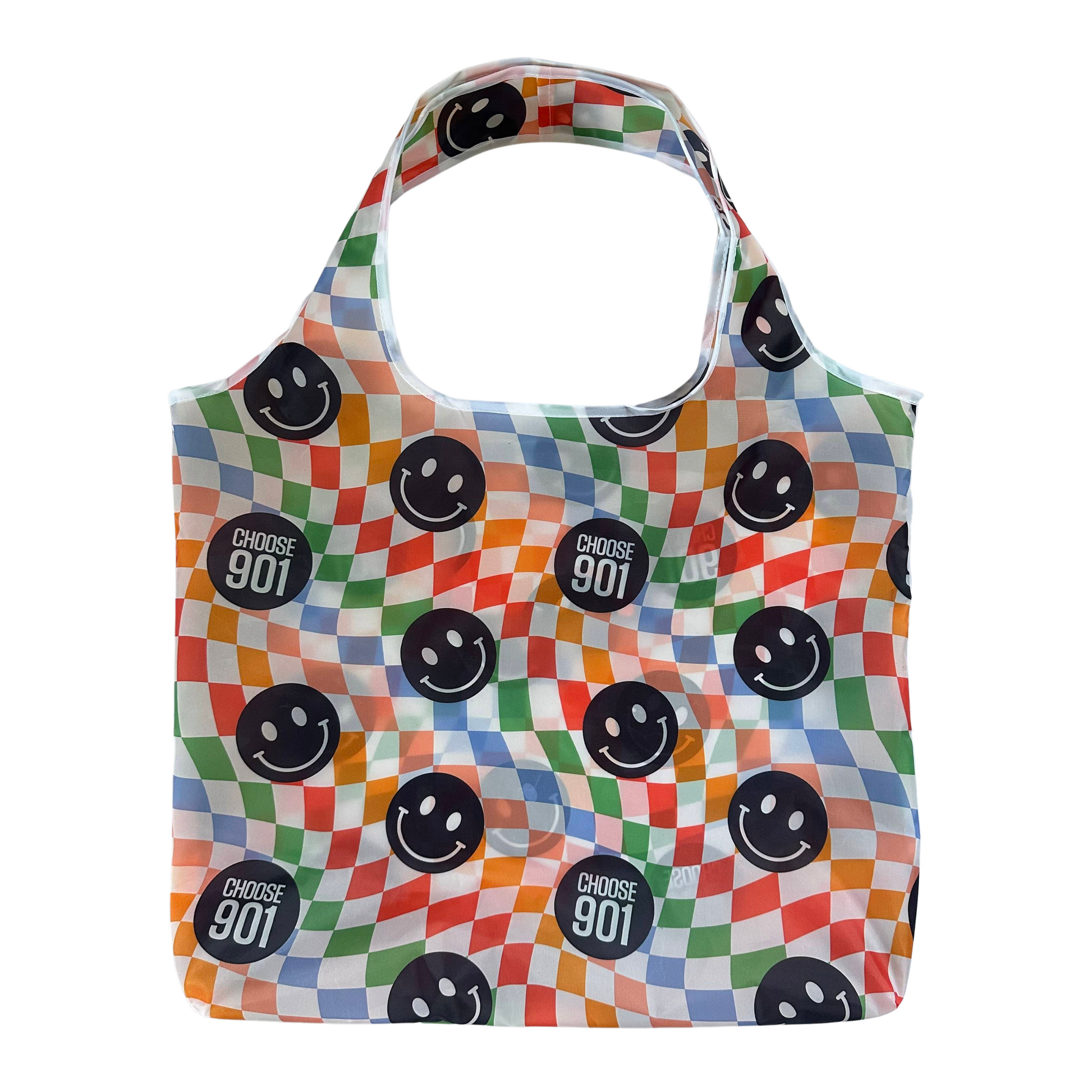 Colorful checkered Smiley Nylon Tote Bag with smiling face pattern and "Choose901 Memphis" text from Choose901 Merch Shop.