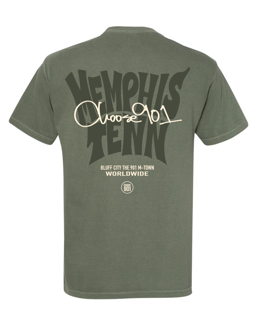 Back of an olive green Memphis Tenn 2.0 Short Sleeve Tee by Choose901 Merch Shop, featuring large "Memphis Tenn," script "Choose 901," and smaller text: "Bluff City The 901 M-Town Worldwide." Perfect for showing your Memphis pride.