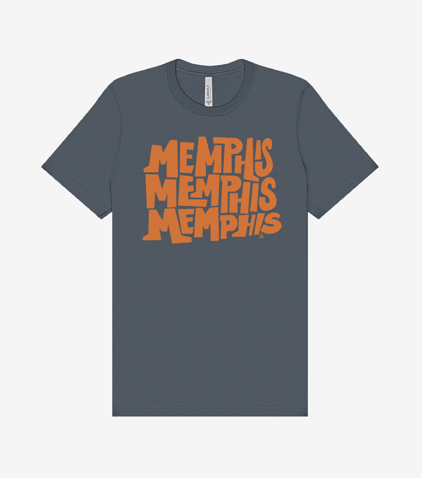 The Memphis, Memphis, Memphis by Eso Tolson t-shirt from Choose901 Merch Shop is dark gray and displays "MEMPHIS" three times in large, bold, orange stylized letters.