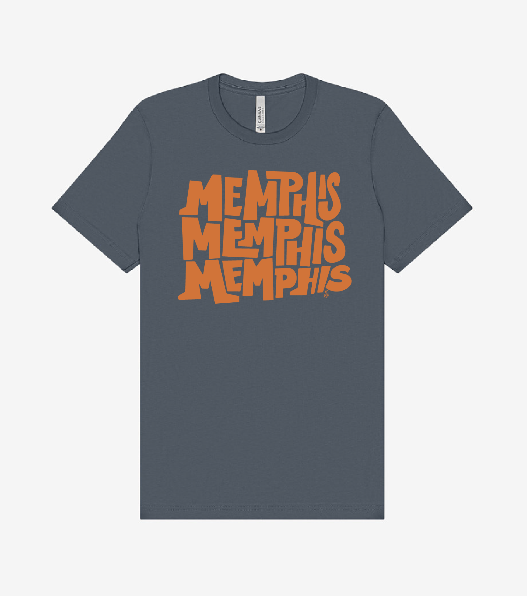 The Memphis, Memphis, Memphis by Eso Tolson t-shirt from Choose901 Merch Shop is dark gray and displays "MEMPHIS" three times in large, bold, orange stylized letters.
