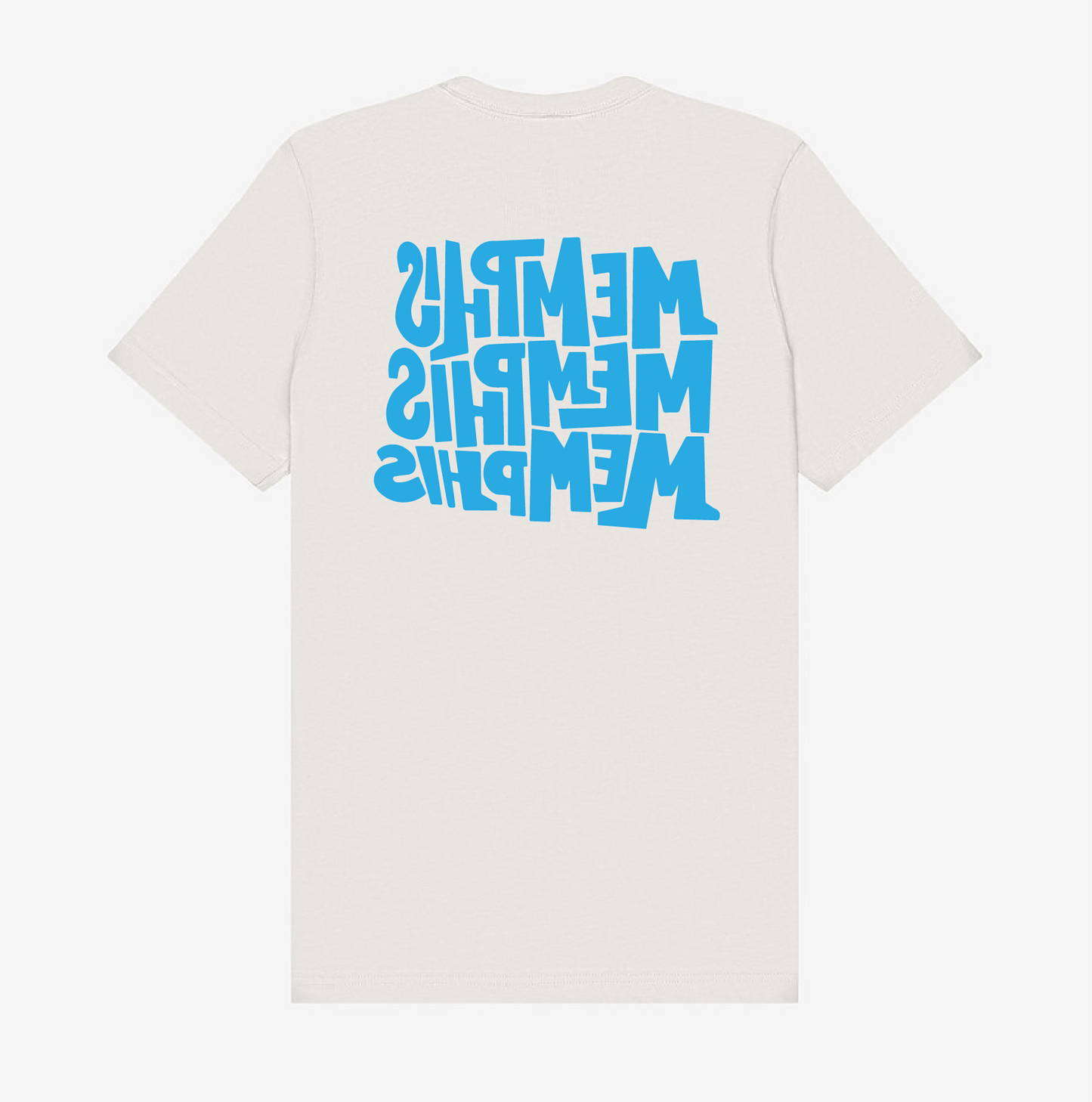 The Memphis, Memphis, Memphis by Eso Tolson from Choose901 Merch Shop is a white Signature Series tee featuring "MEMPHIS" printed three times in large, blue, mirrored block letters on the back.