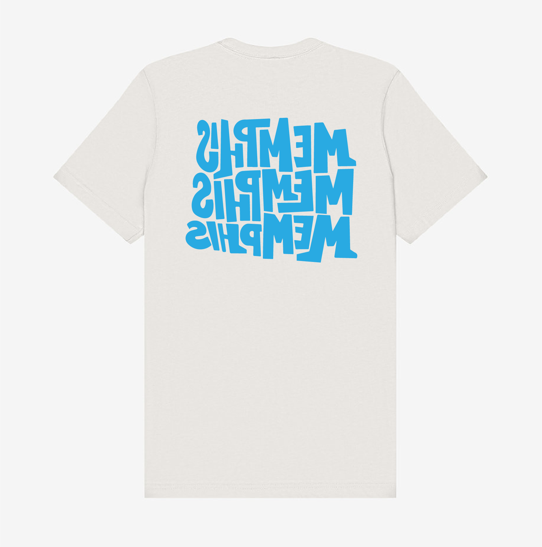 The Memphis, Memphis, Memphis by Eso Tolson from Choose901 Merch Shop is a white Signature Series tee featuring "MEMPHIS" printed three times in large, blue, mirrored block letters on the back.