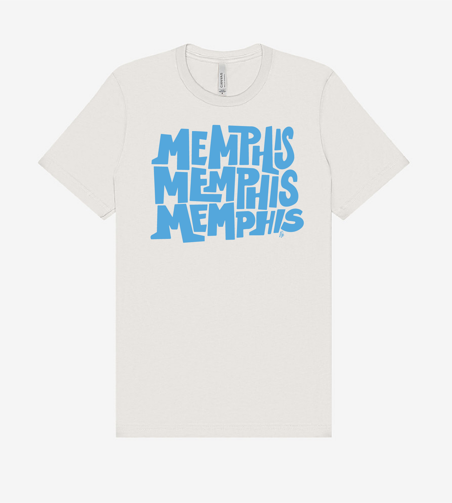 The "Memphis, Memphis, Memphis" t-shirt by Eso Tolson from Choose901 Merch Shop features "MEMPHIS" repeated four times in bold, light blue, stylized text on the chest.