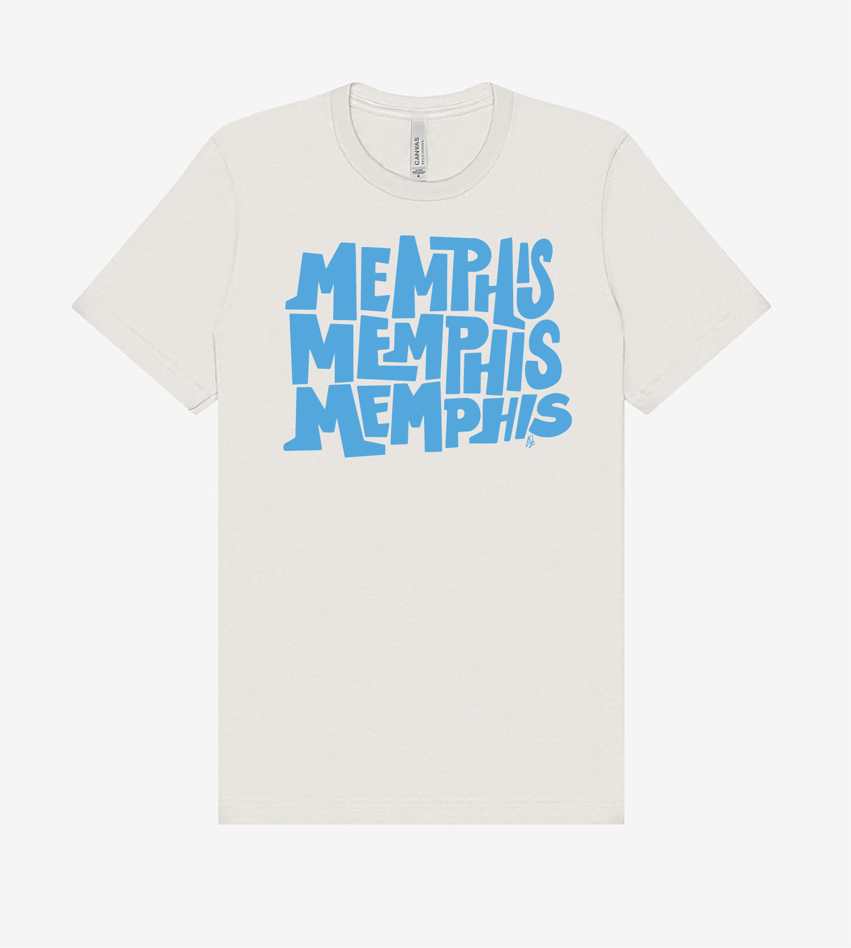 The "Memphis, Memphis, Memphis" t-shirt by Eso Tolson from Choose901 Merch Shop features "MEMPHIS" repeated four times in bold, light blue, stylized text on the chest.