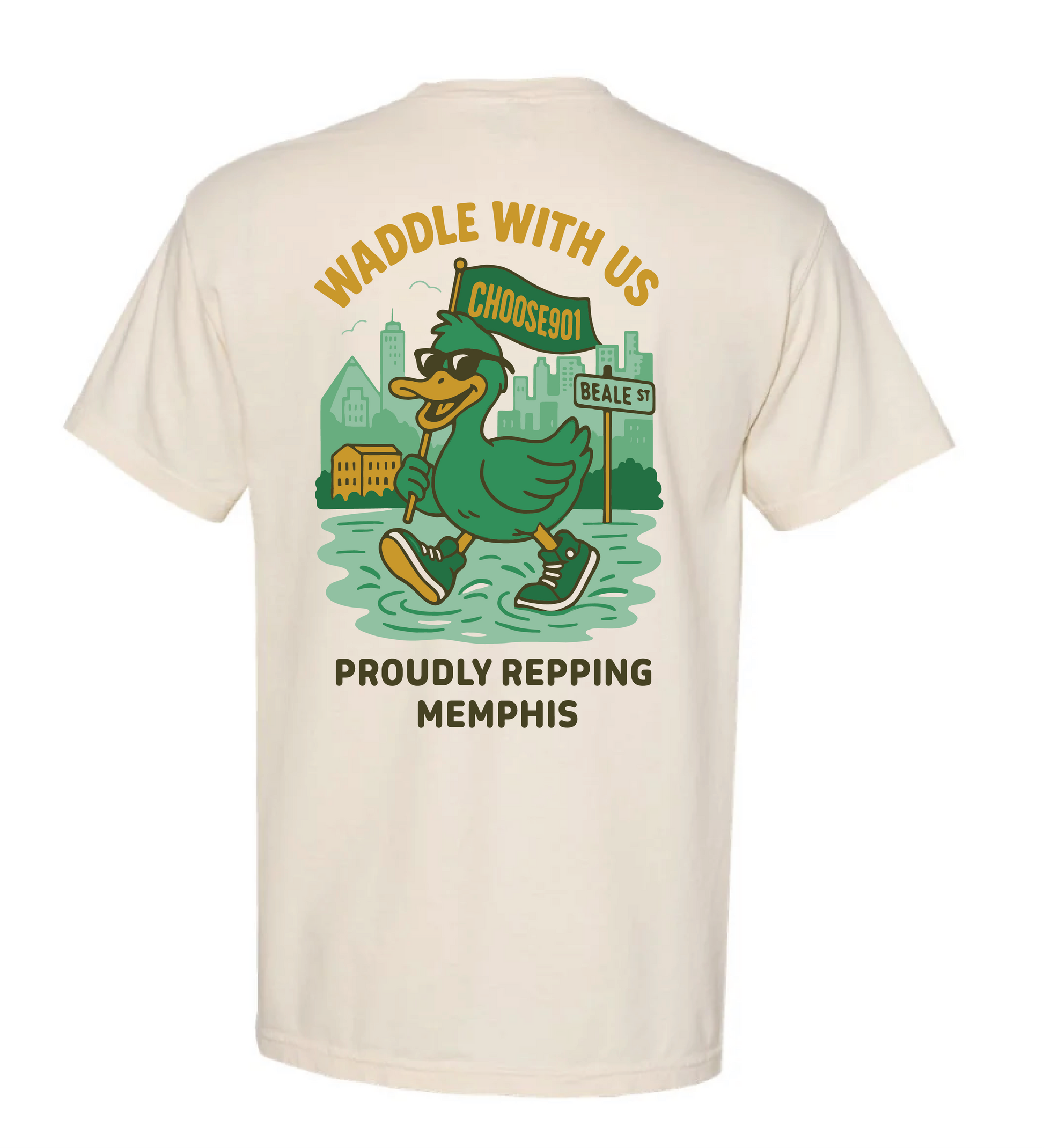 The Waddle With Us Short Sleeve from Choose901 Merch Shop is a beige unisex tee featuring a duck in sneakers, "CHOOSE901" and "BEALE ST" signs, plus "Waddle With Us Proudly Repping Memphis." Show your city pride!.