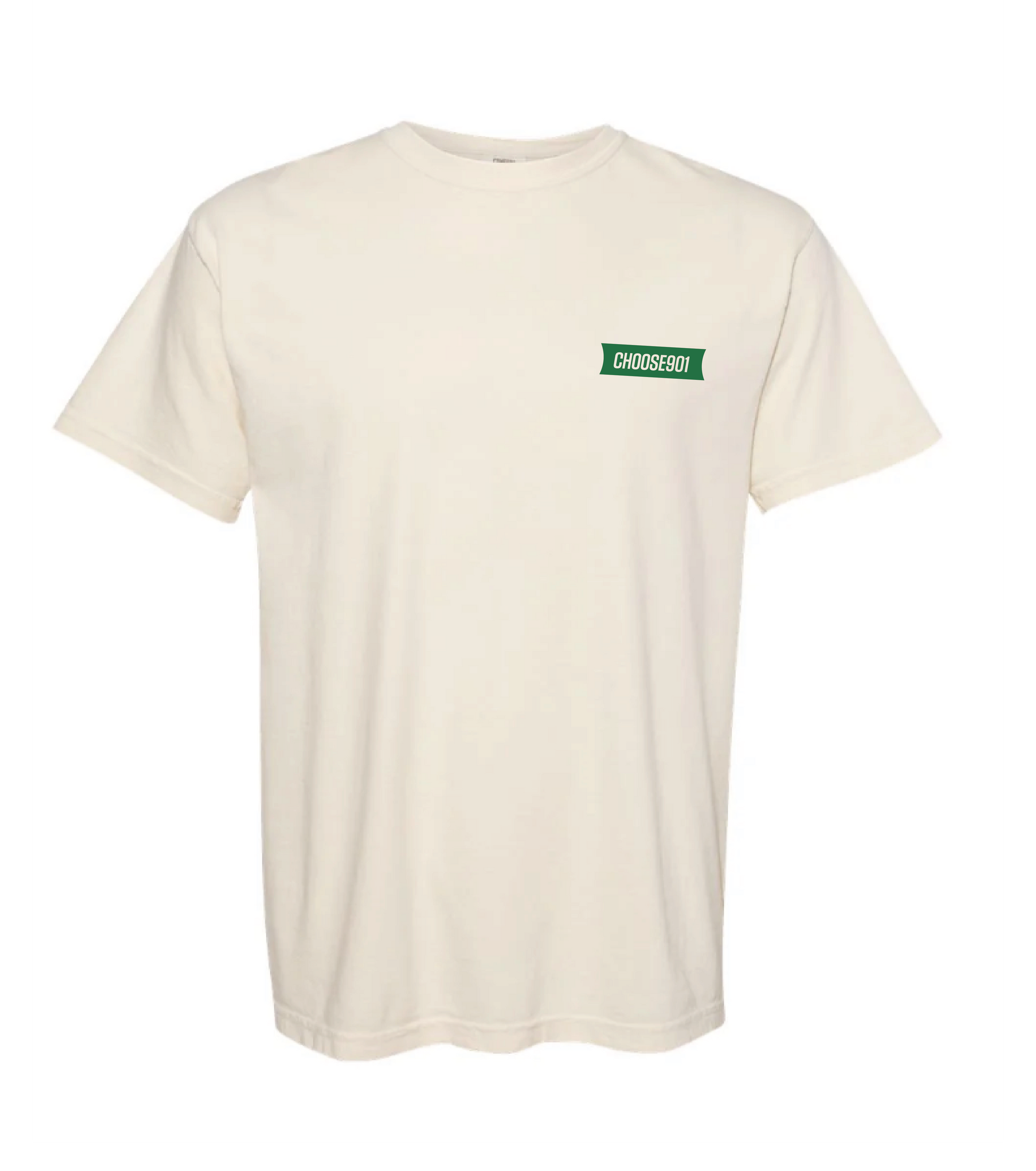 The Waddle With Us Short Sleeve by Choose901 Merch Shop is a unisex off-white cotton tee, Comfort Colors style, featuring a small green rectangle on the left chest with “CHOOSEBOT” in bold white letters.