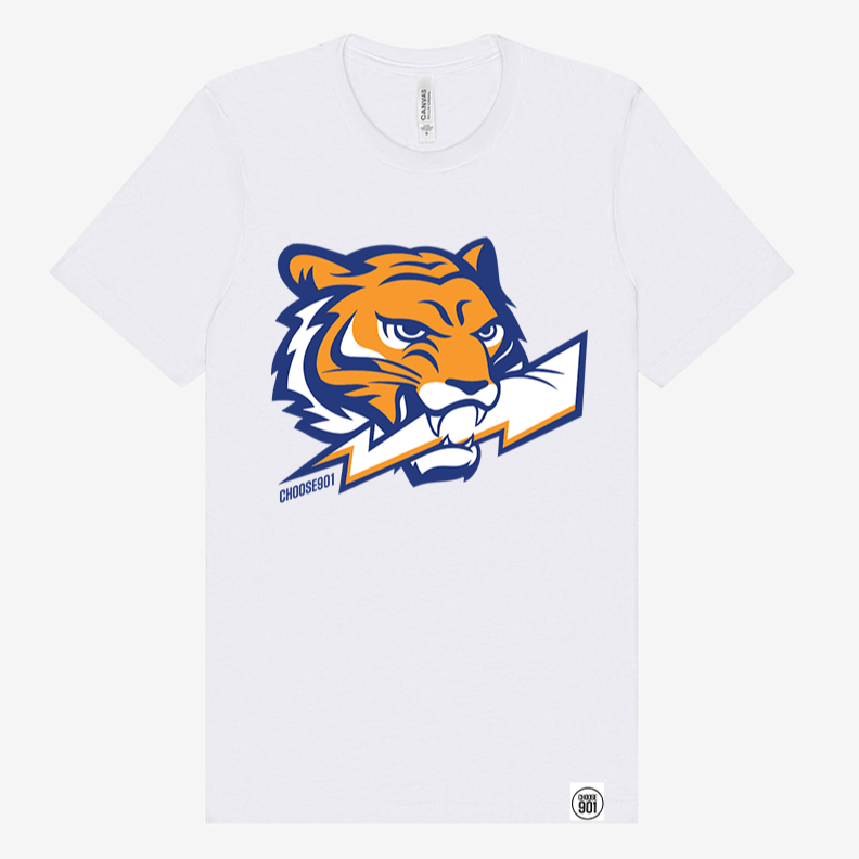 Introducing the Lightning Tiger Short Sleeve Tee from the Choose901 Merch Shop, a white Bella Canvas shirt featuring a stylized tiger head with bold blue and orange accents, fiercely gripping a lightning bolt in its mouth. Perfect for any U of M fan wanting to add some wild style to their wardrobe.