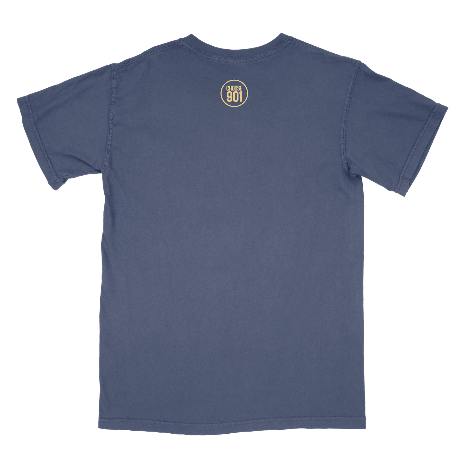 Plain navy blue Wolf River Beach Shirt with a small Choose901 logo on the upper back, celebrating Memphis.