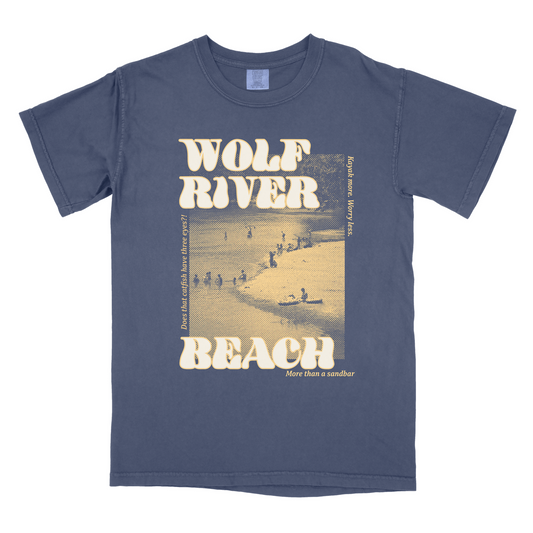 Navy Wolf River Beach Shirt from Choose901, featuring a beach scene and the slogan "more than a sandbar.