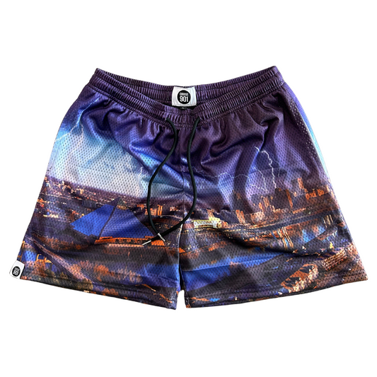 Men's athletic Memphis Night Shorts with Choose901 cityscape print on a white background.