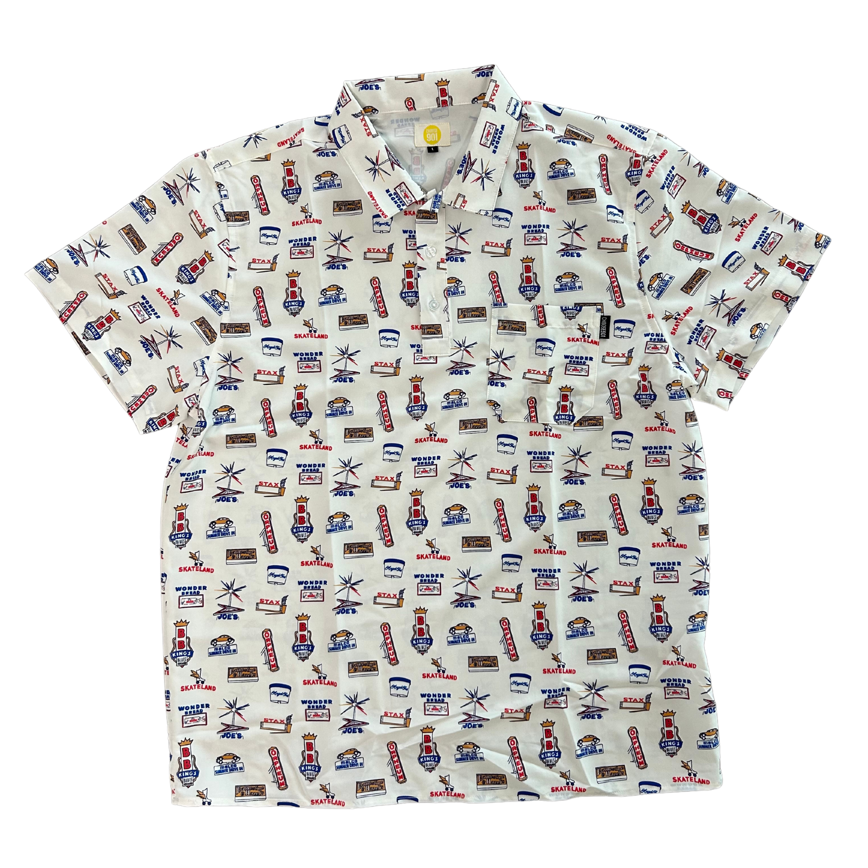 Patterned short-sleeved shirt with Memphis-themed print on a white background, such as the Choose901 Merch Shop's Memphis Signs Golf Polo.