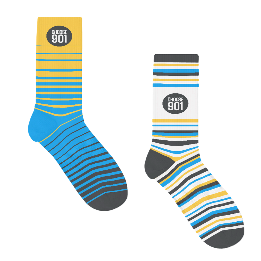 Pair of Choose901 striped socks with "Choose901" written on the ribbed cuffs, celebrating Memphis.