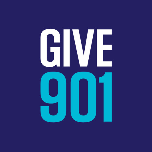 The text on a dark blue background features the words "Give901" in white and bright blue letters, representing the mission of expanding educational opportunities for low-income youth in Memphis through the Give901 Donation from the Choose901 Merch Shop.