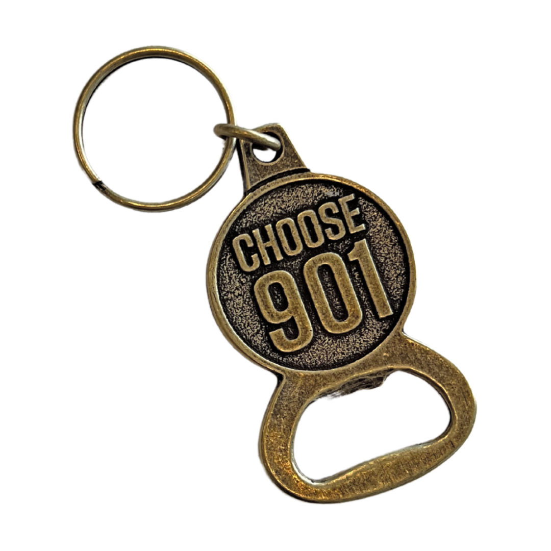 Antique bronze keychain with "Choose901" inscription and bottle opener feature from the Choose901 Merch Shop, celebrating Memphis.