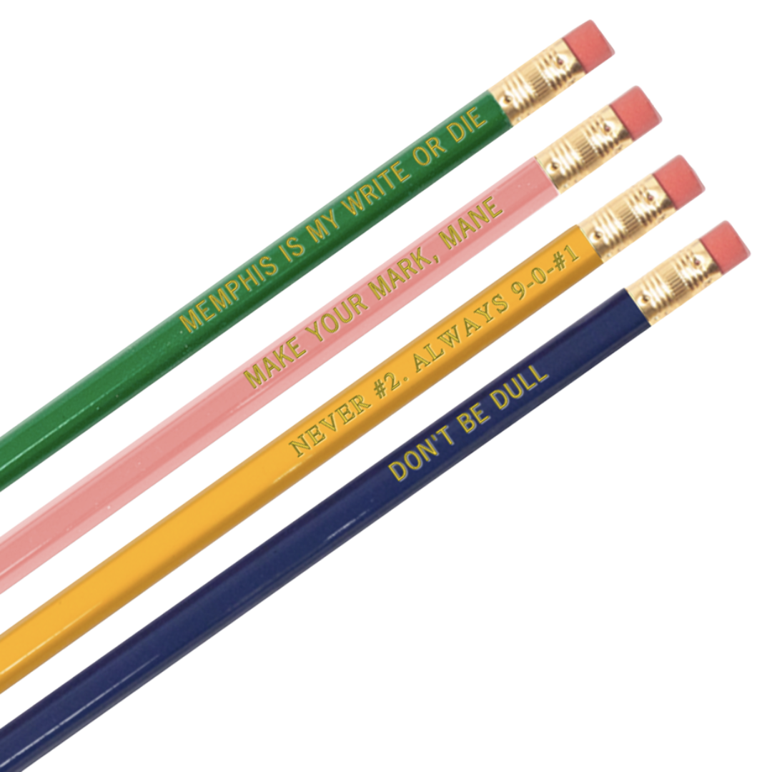 The Choose901 Merch Shop PENCIL SET includes four pencils in green, pink, yellow, and Beale Street blue with motivational phrases and gold-colored holders paired with bright pink erasers.