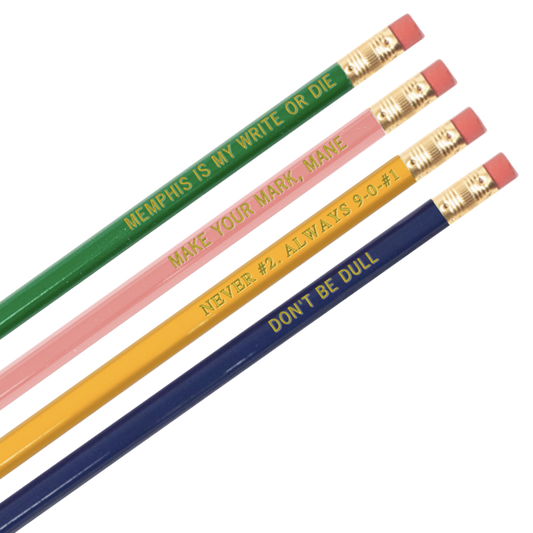 The Choose901 Merch Shop PENCIL SET includes four pencils in green, pink, yellow, and Beale Street blue with motivational phrases and gold-colored holders paired with bright pink erasers.