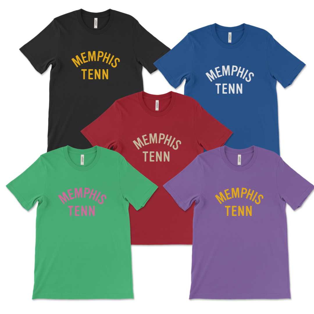Assortment of colorful MEMPHIS TENN TEE t-shirts with Choose901 printed on the front.