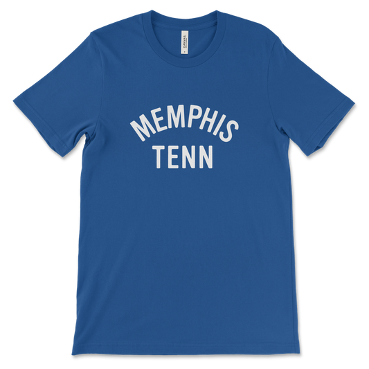 This straightforward design showcases the Memphis Tenn Short Sleeve Tee, a comfortable blue T-shirt from Choose901 Merch Shop, featuring white text in an arched style on the front.