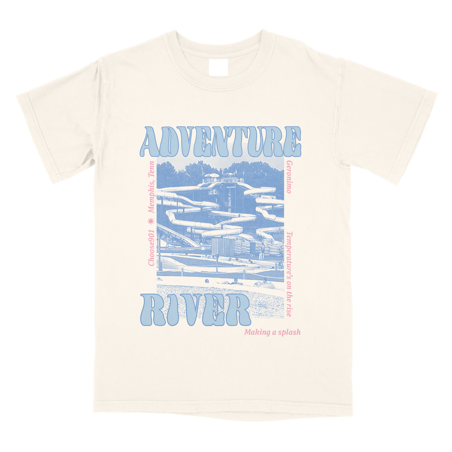 Adventure River Shirt Ivory from the Choose901 Merch Shop featuring a Memphis bridge and water illustration.