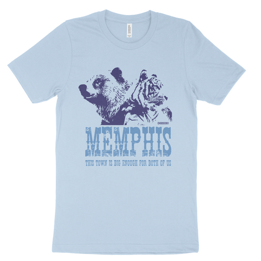 The Both of Us" Tee from Choose901 Merch Shop is a dazzling light blue shirt featuring a bear and tiger with the text "Memphis: This Town is Big Enough for Both of Us.