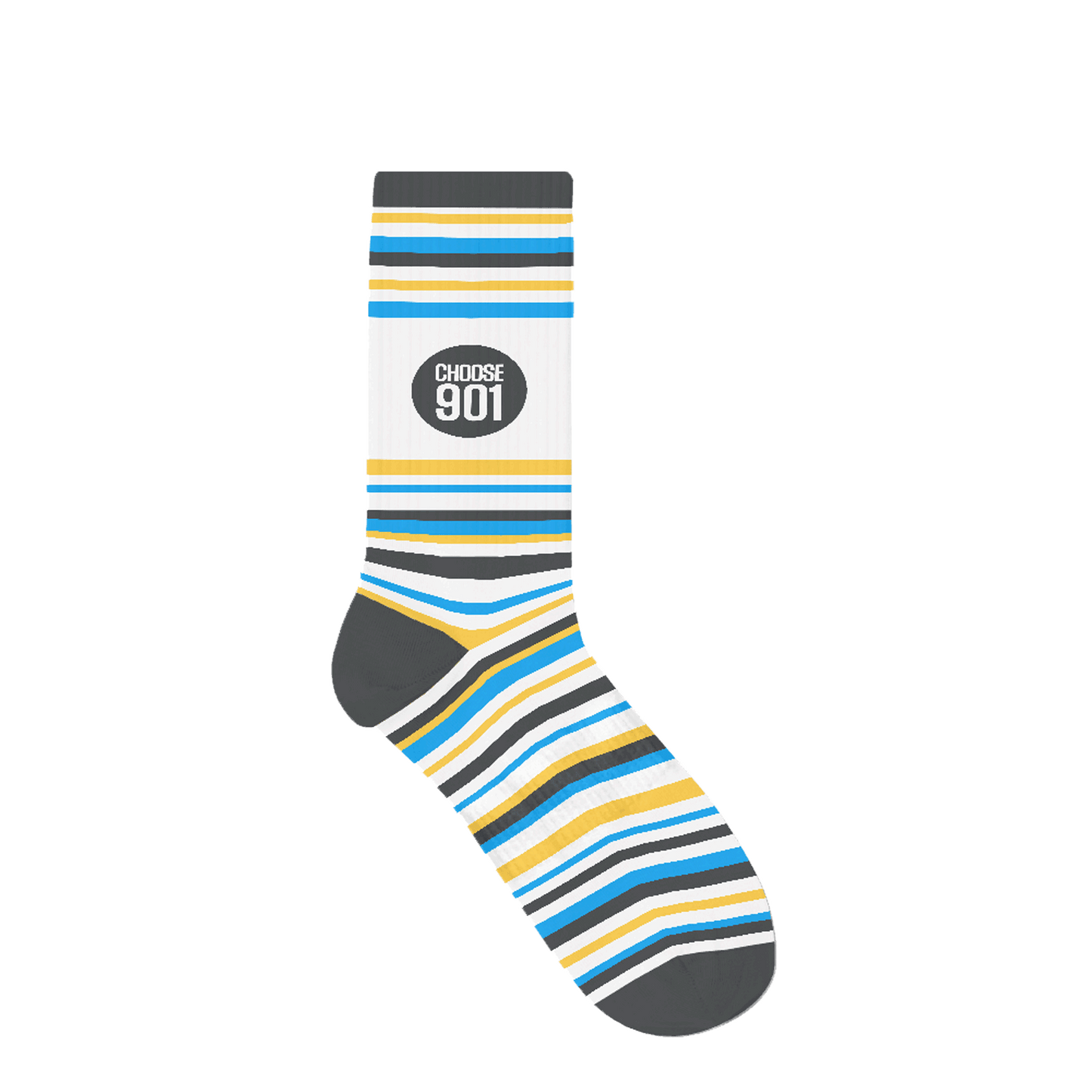 A Choose901 striped sock with a label that reads "Choose901 Memphis.