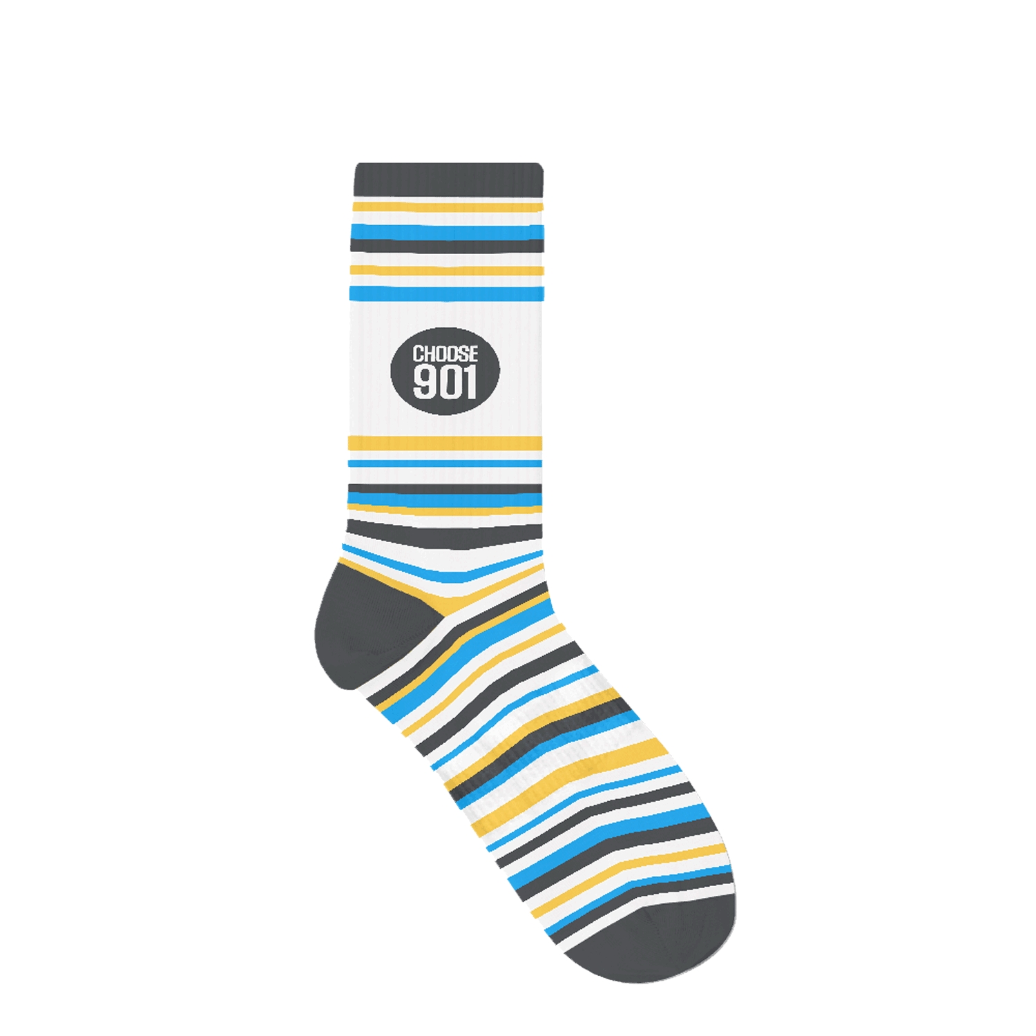 A Choose901 striped sock with a label that reads "Choose901 Memphis.