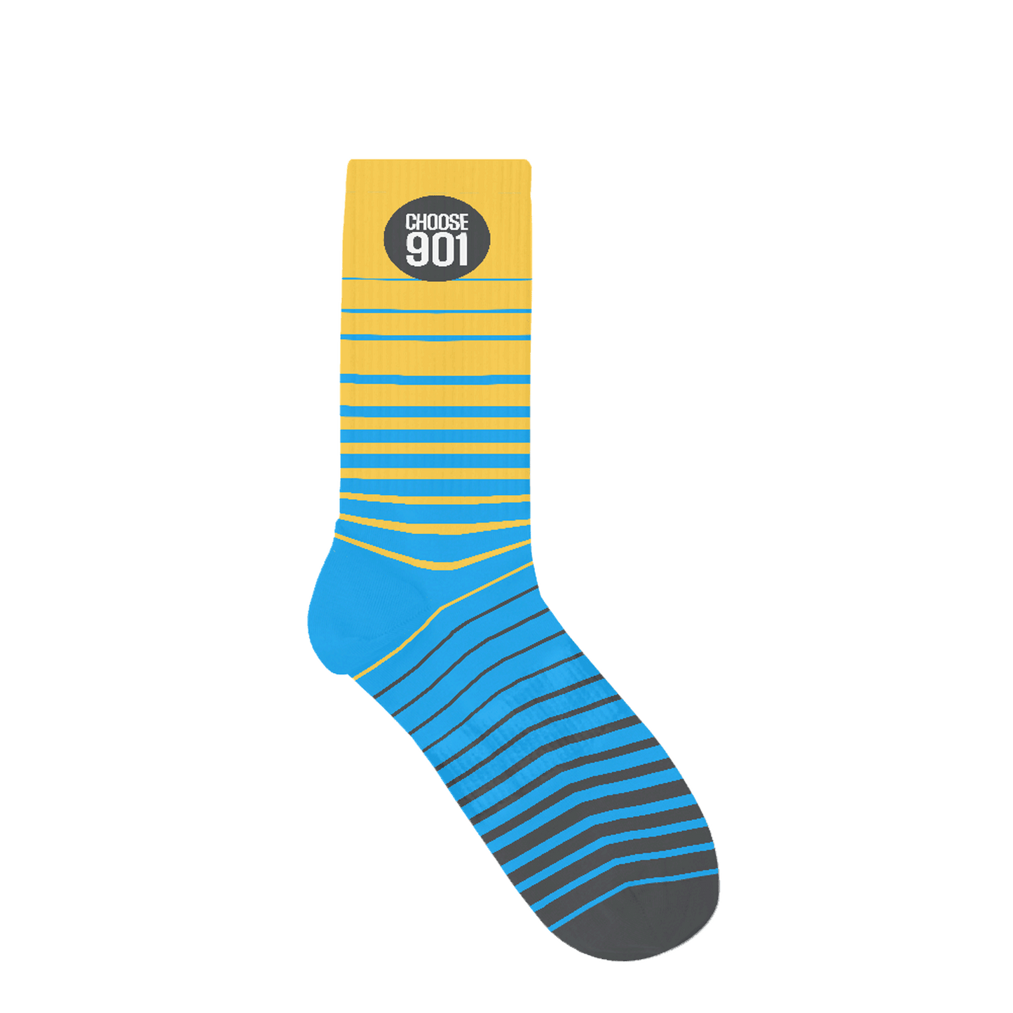 A blue and yellow striped Choose901 sock with "Choose901" text on the yellow cuff, celebrating Memphis.